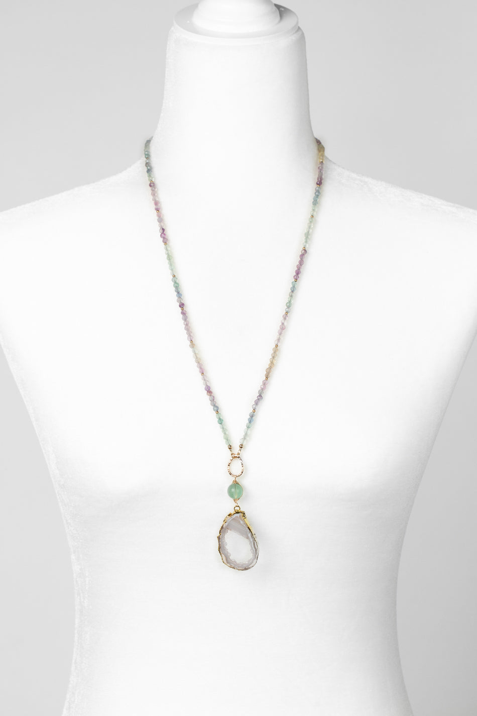 One Of A Kind 27.5-29.5" Fluorite With Druzy Mineral Slice Statement Necklace