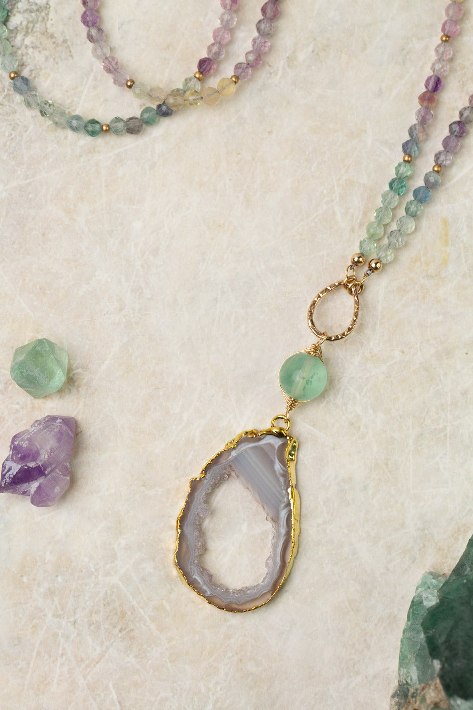 One Of A Kind 27.5-29.5" Fluorite With Druzy Mineral Slice Statement Necklace