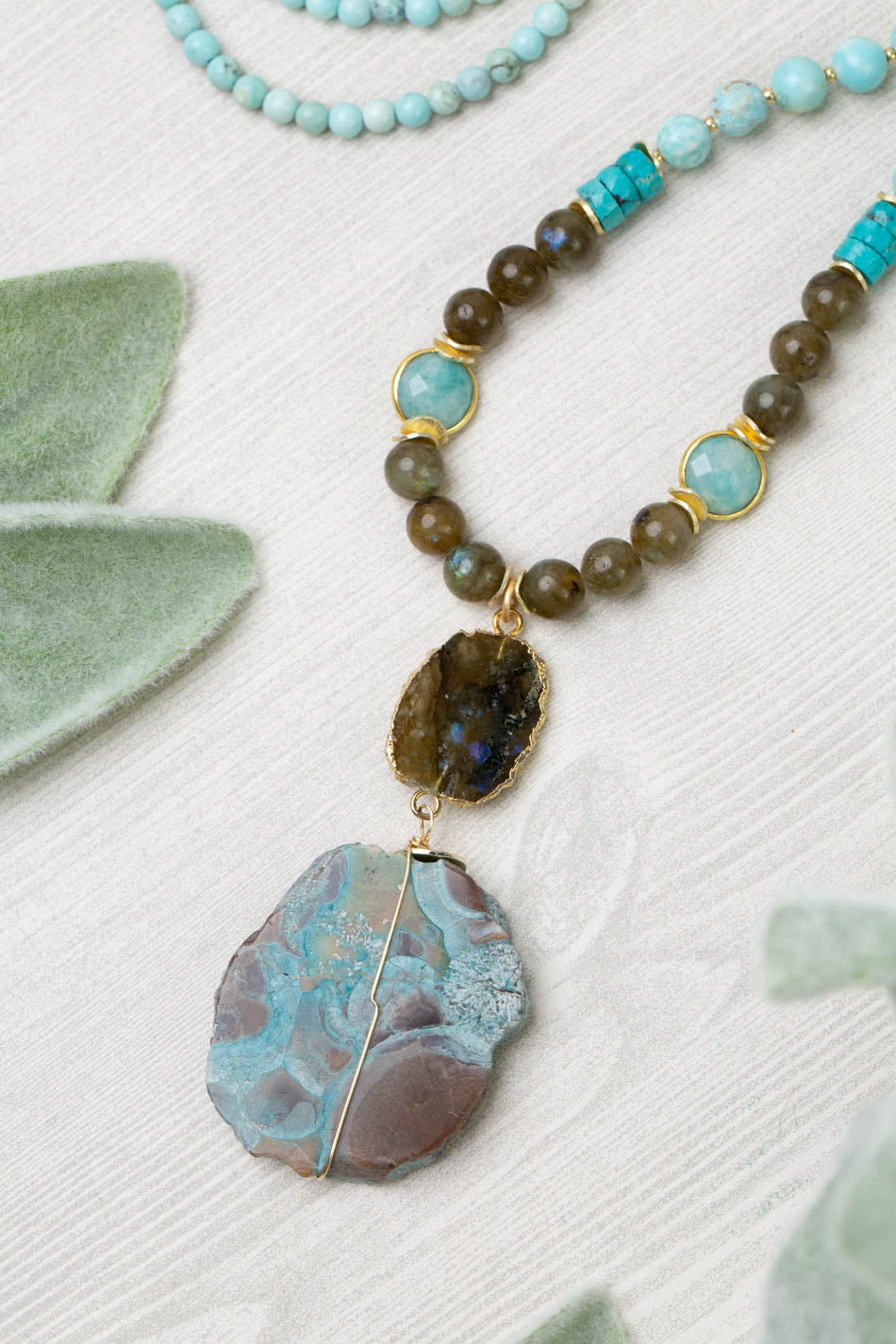 One Of A Kind 26.5-28.5" Labradorite, Turquoise With Mushroom Jasper Statement Necklace