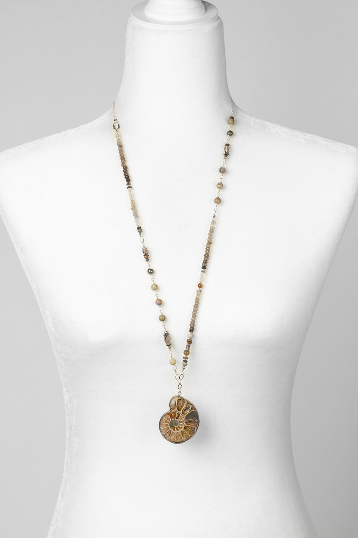 One Of A Kind 30-32" Jasper, Labradorite, Smokey Quartz With Ammonite Statement Necklace