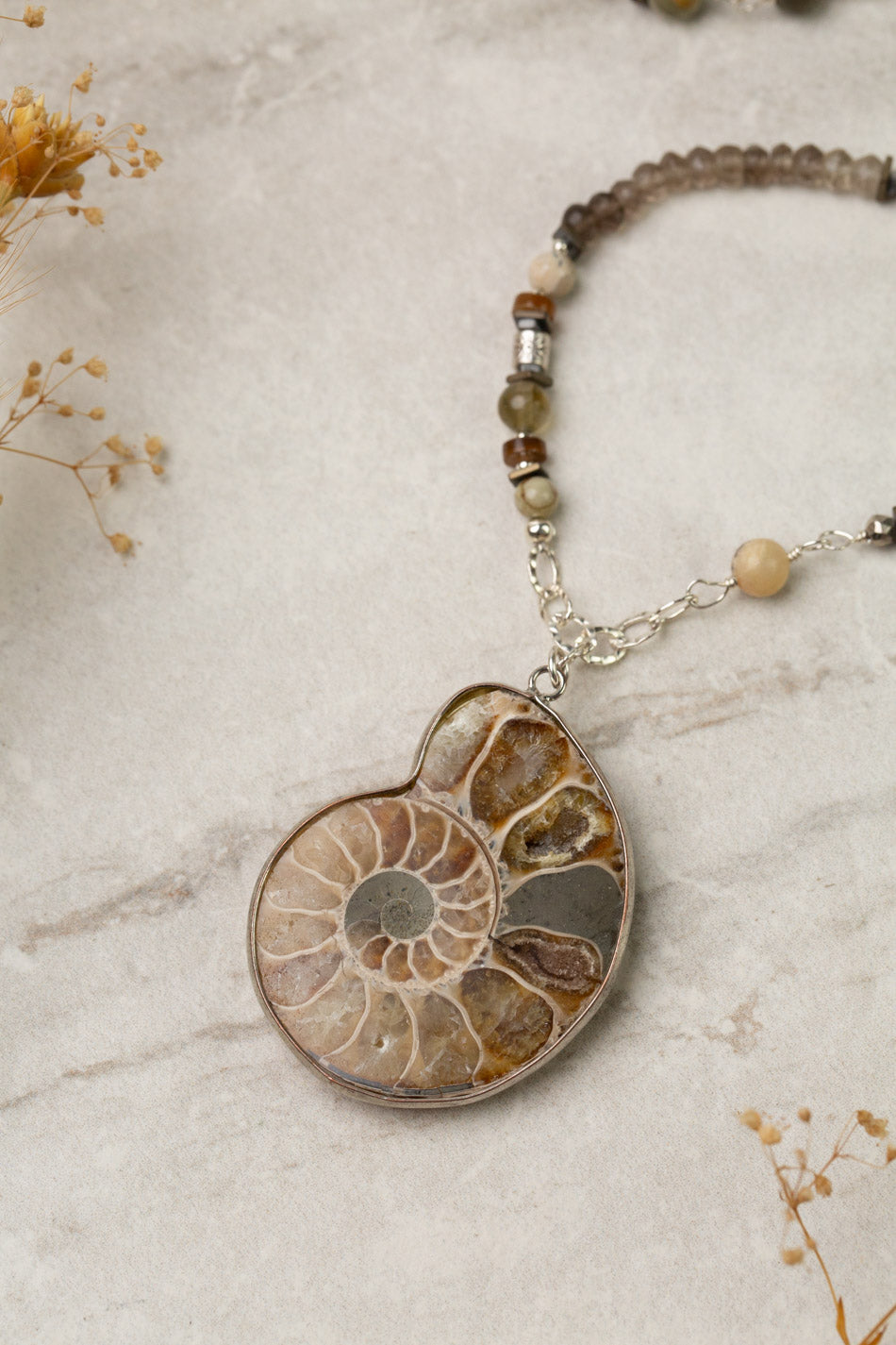 One Of A Kind 30-32" Jasper, Labradorite, Smokey Quartz With Ammonite Statement Necklace