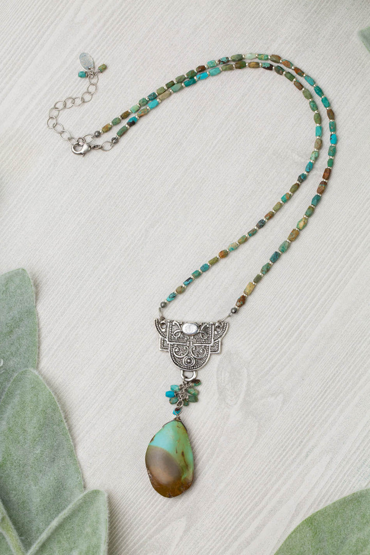 One Of A Kind 22-24" Antique Silver Brass Pendant With Natural Turquoise Statement Necklace