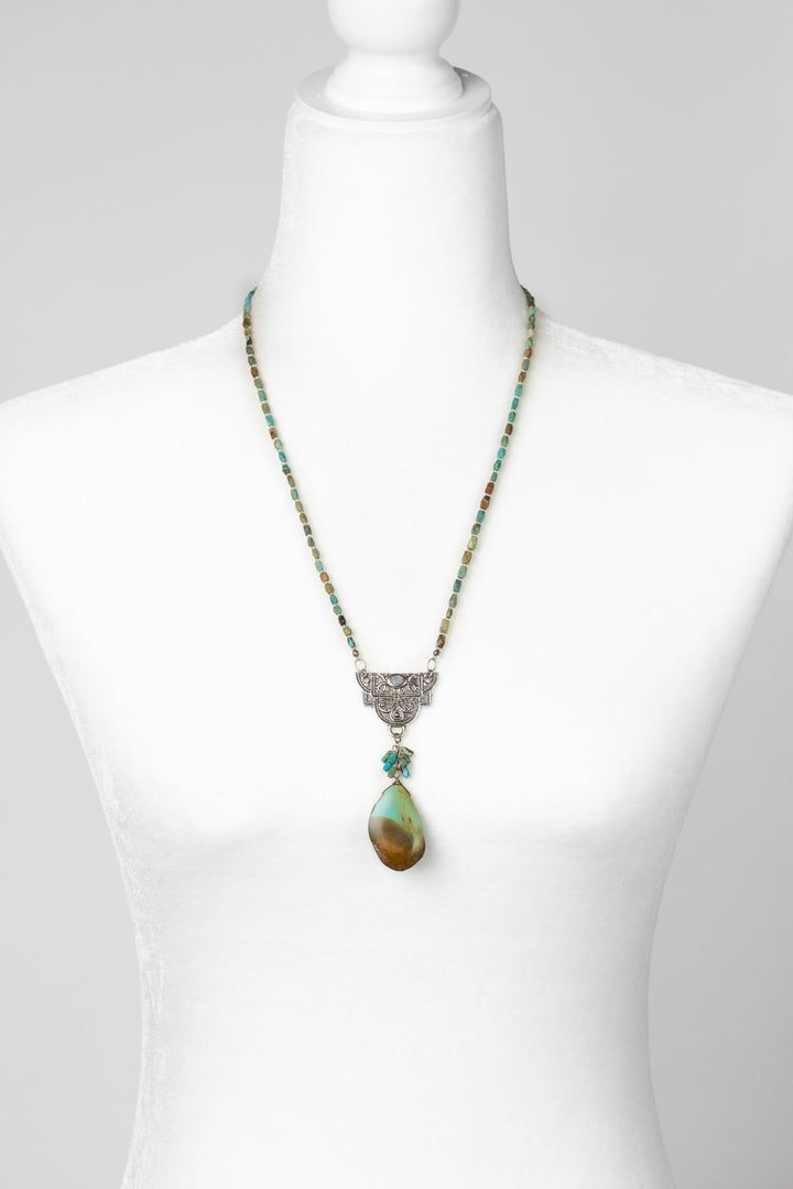 One Of A Kind 22-24" Antique Silver Brass Pendant With Natural Turquoise Statement Necklace