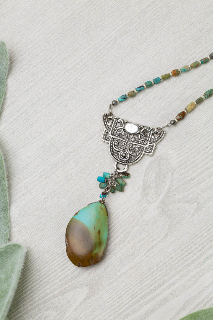 One Of A Kind 22-24" Antique Silver Brass Pendant With Natural Turquoise Statement Necklace