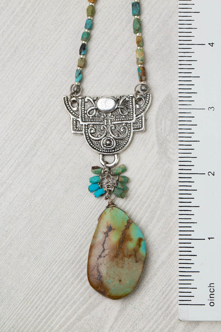 One Of A Kind 22-24" Antique Silver Brass Pendant With Natural Turquoise Statement Necklace