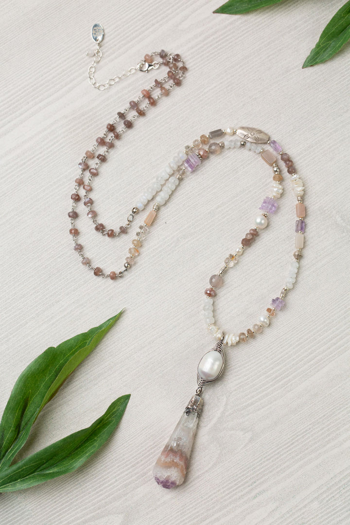 One Of A Kind 29-31" Pearl, Rainbow Moonstone, Chocolate Moonstone With Amethyst Statement Necklace