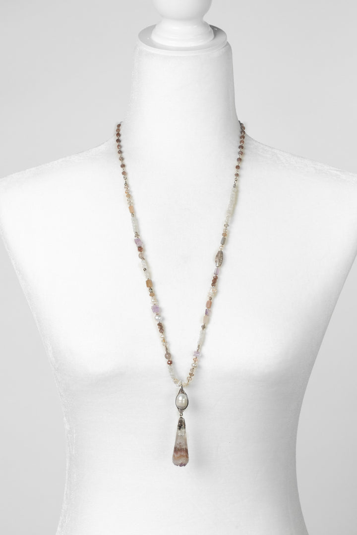 One Of A Kind 29-31" Pearl, Rainbow Moonstone, Chocolate Moonstone With Amethyst Statement Necklace