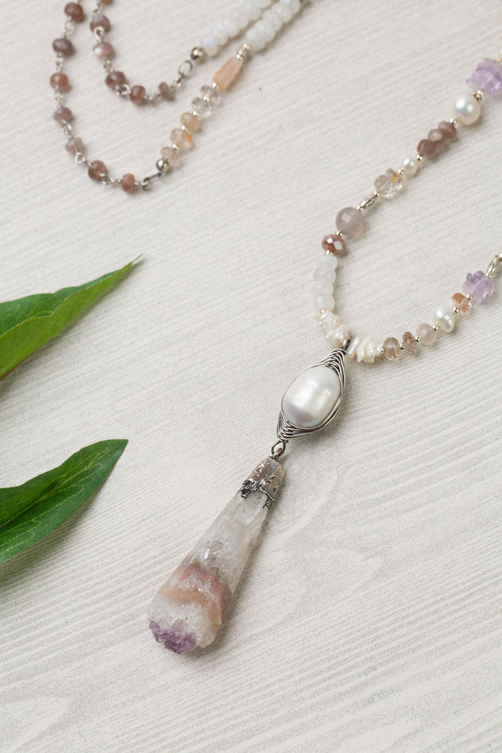 One Of A Kind 29-31" Pearl, Rainbow Moonstone, Chocolate Moonstone With Amethyst Statement Necklace