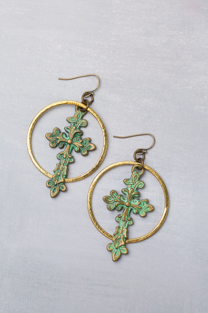 One Of A Kind Ornate Antique Plated Brass Patina Cross With Brushed Gold Plated Brass Hoop Statement Earrings