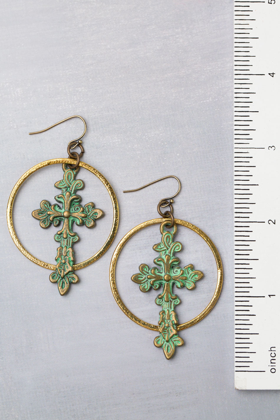 One Of A Kind Ornate Antique Plated Brass Patina Cross With Brushed Gold Plated Brass Hoop Statement Earrings