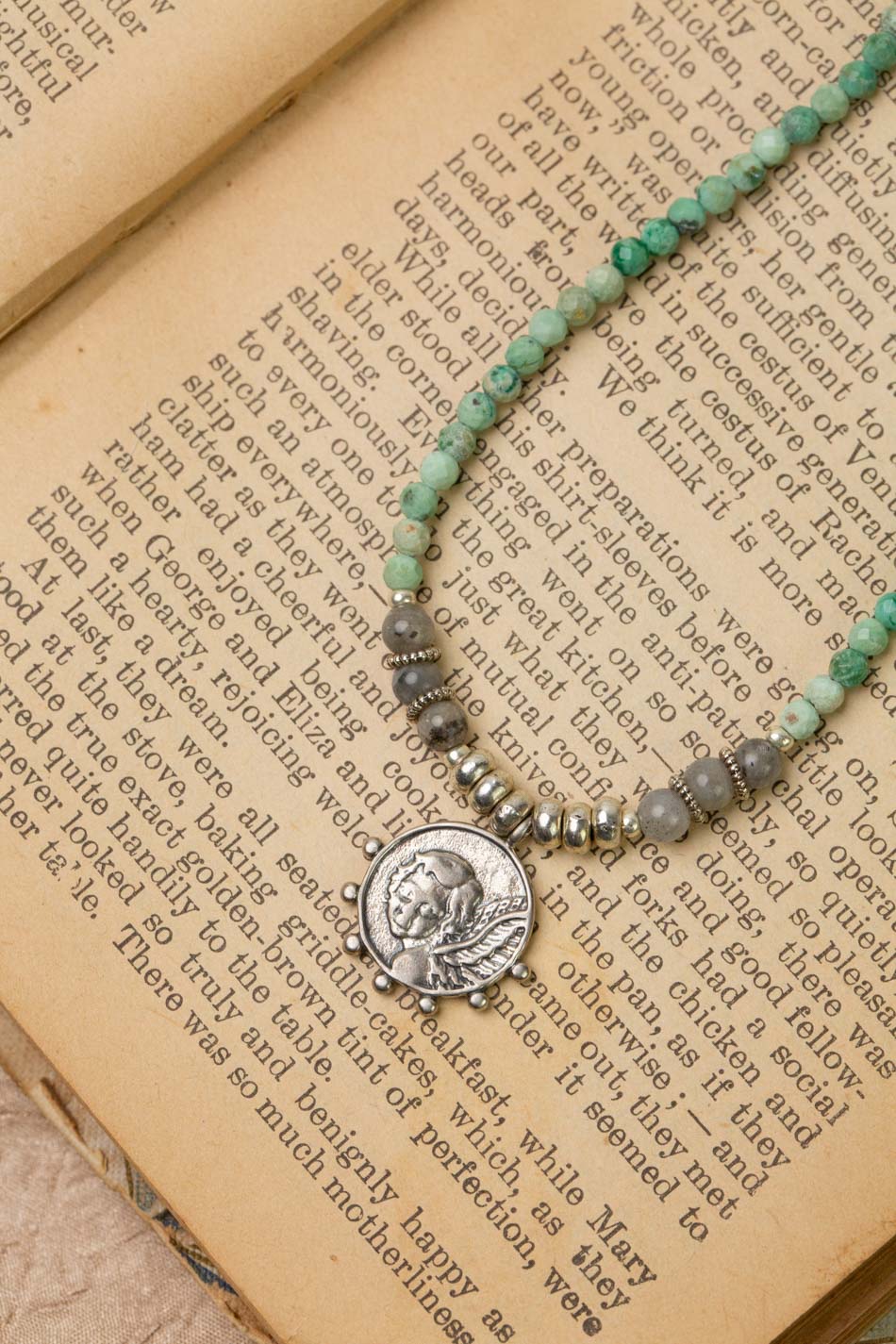 One Of A Kind 15-17" Turquoise, Labradorite With Sterling Coin Simple Necklace