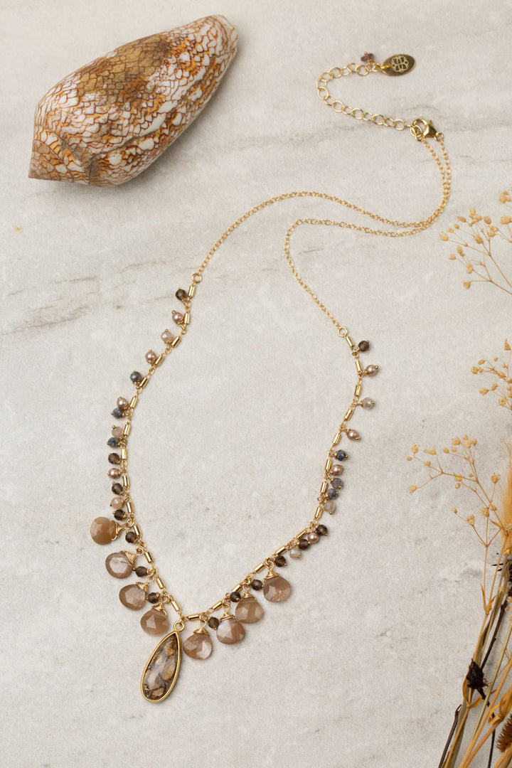 One Of A Kind 17-19" Moonstone, Smokey Quartz, Pearl With Shell Mosaic Statement Necklace