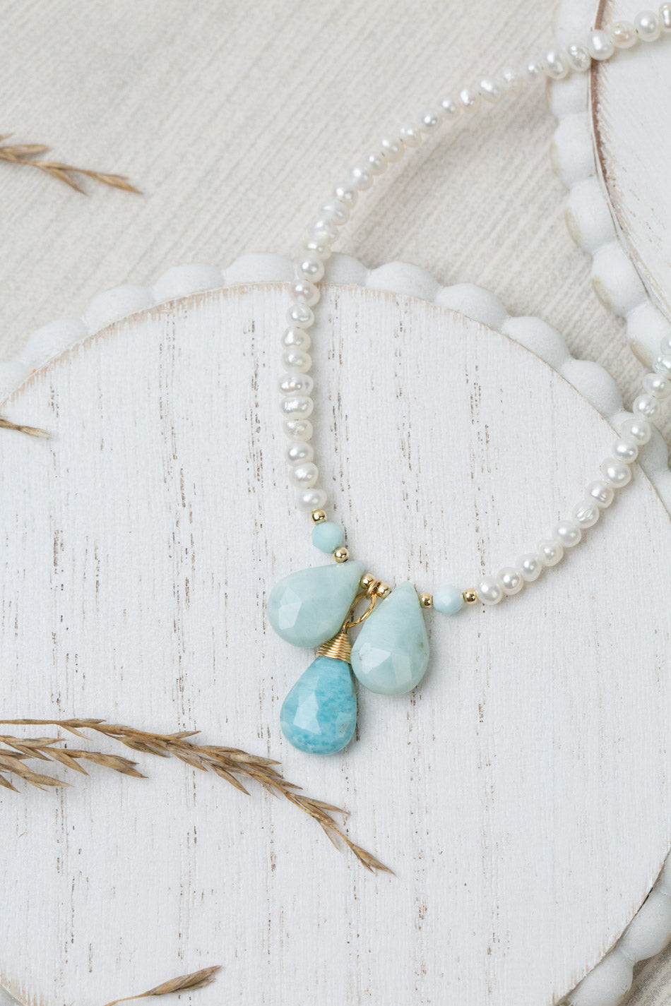 One Of A Kind 16-18" Pearl With Larimar Cluster Necklace