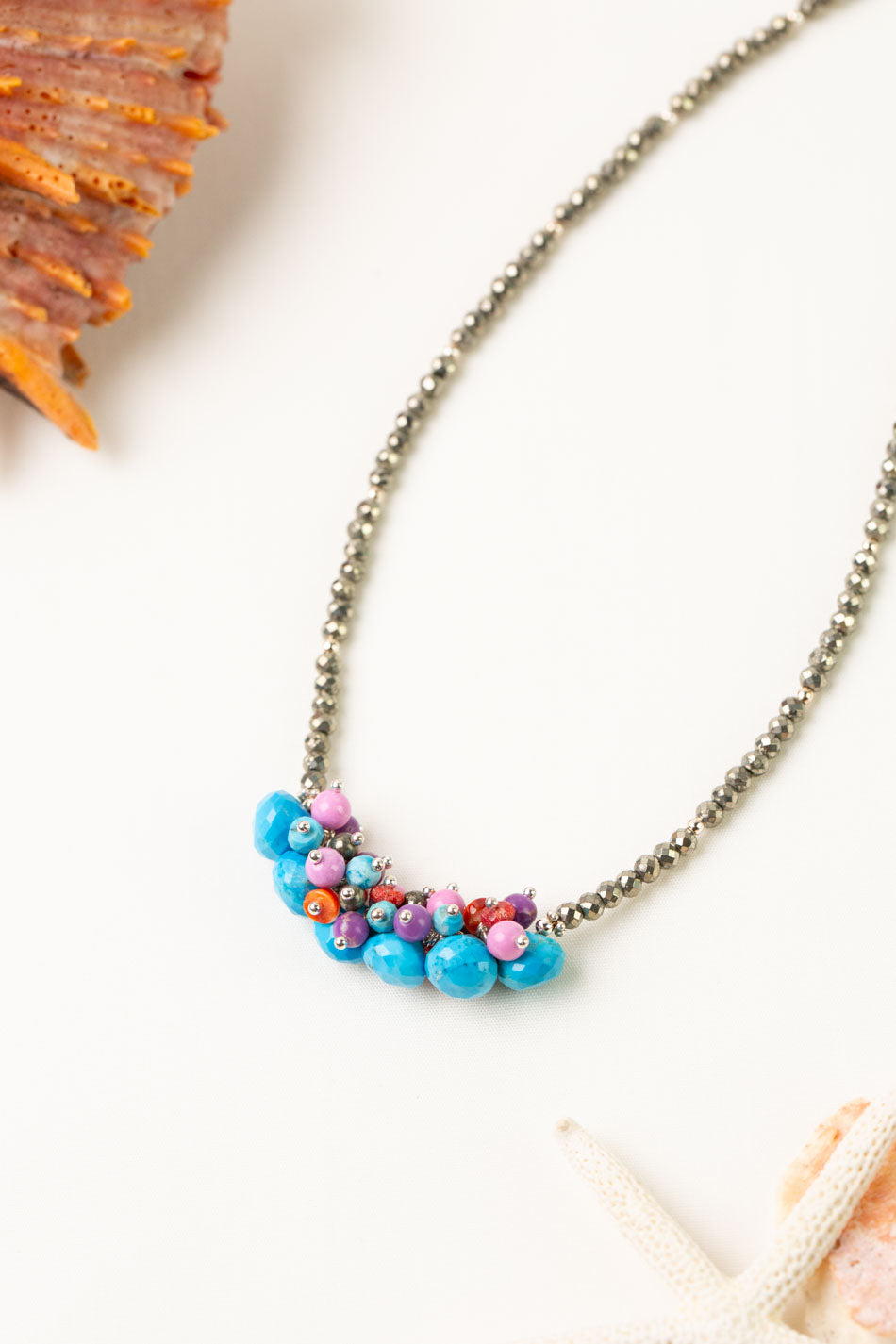 One Of A Kind 16.5-18.5" Pyrite With Spiny Oyster And Turquoise Statement Necklace