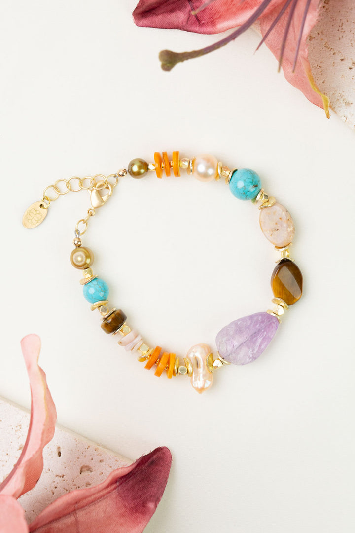 One of a Kind 7.75-8.5" Pink Opal, Amethyst, Cats Eye Simple Bracelet