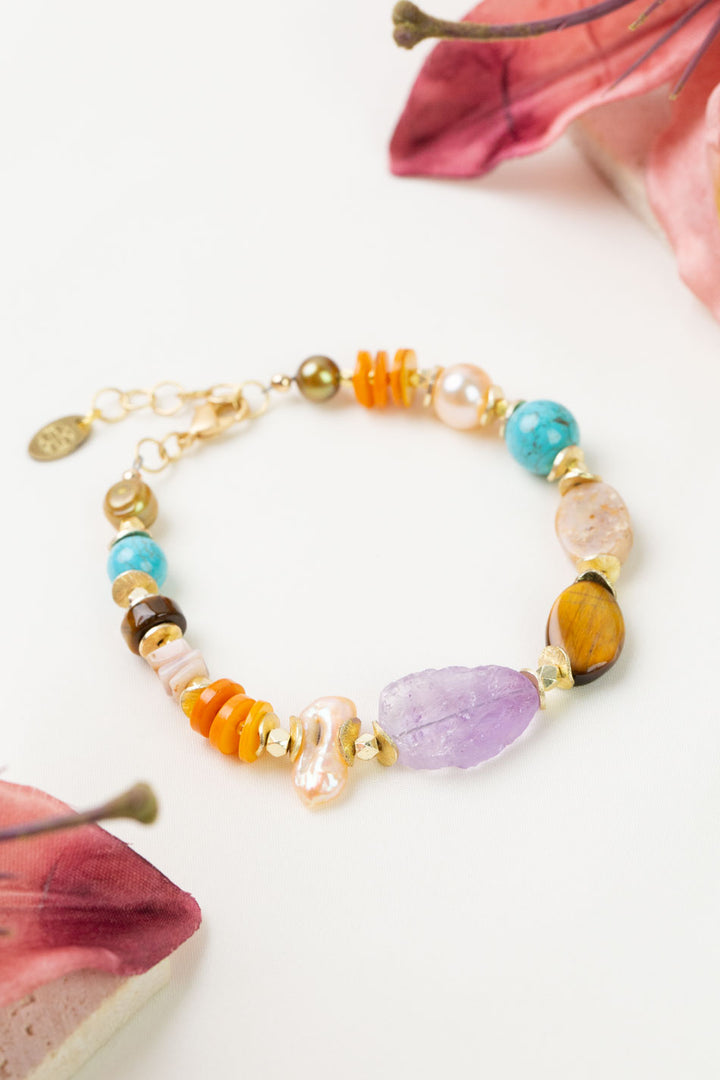 One of a Kind 7.75-8.5" Pink Opal, Amethyst, Cats Eye Simple Bracelet