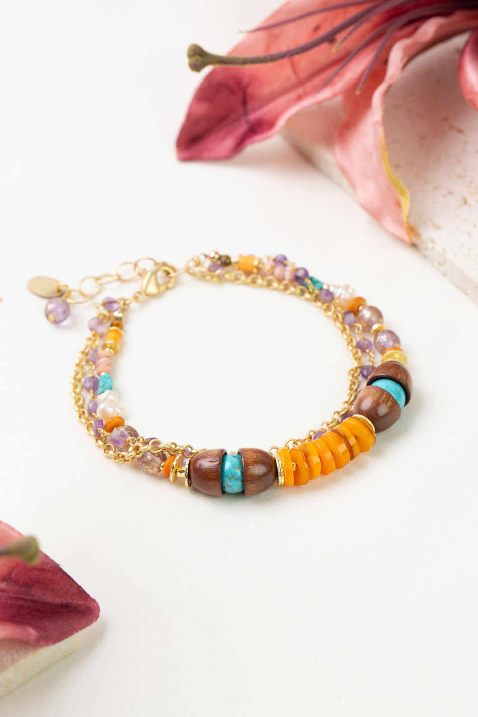 One of a Kind 8-9" Pink Opal, Amethyst, Cats Eye Multistrand Bracelet