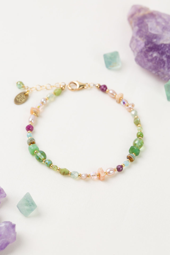 One of a Kind 7.5-8.5" Pearl, Ruby, Amazonite Simple Bracelet