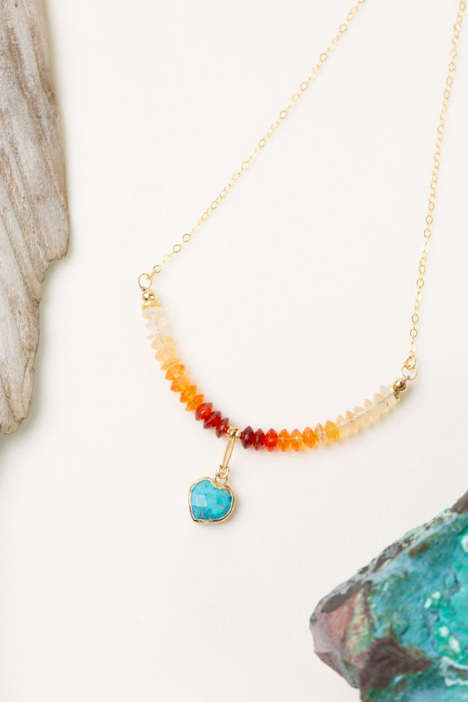One of a Kind 16.5-18.5" Fire Opal With Turquoise Heart Simple Necklace