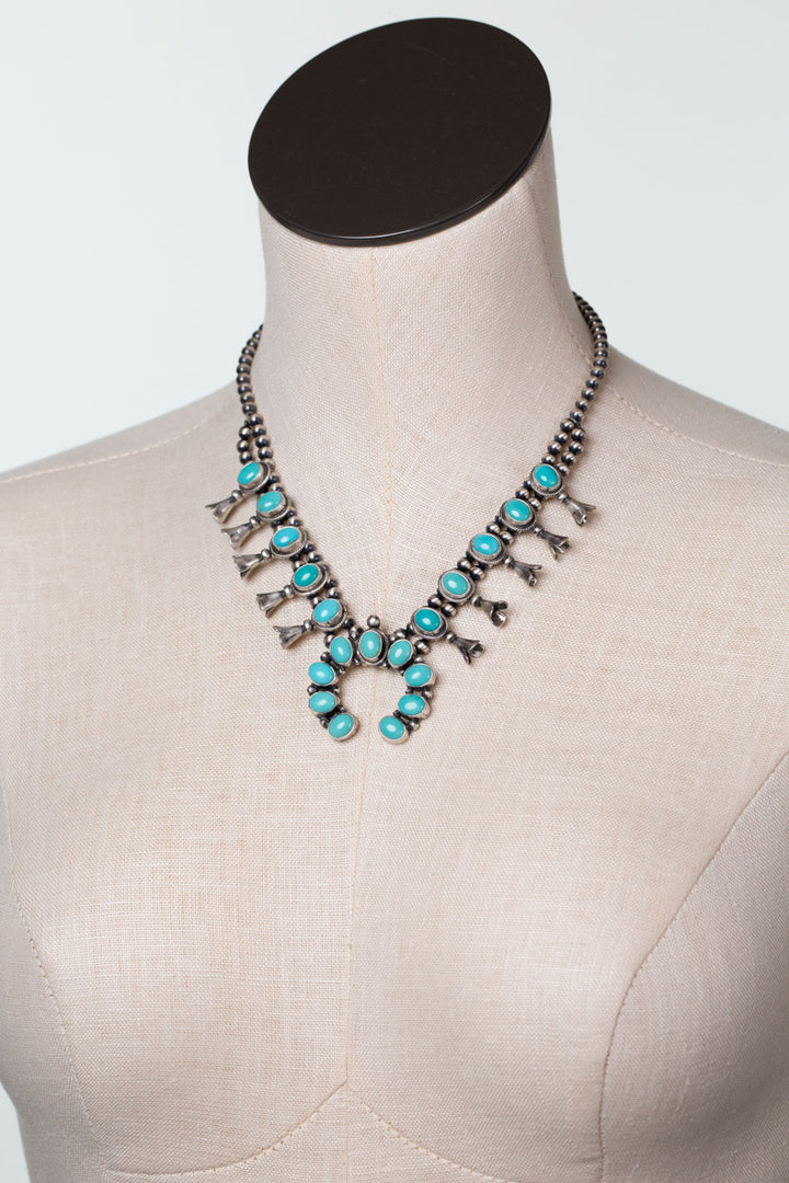 Native American 18" Chilean Turquoise Squash Blossom Statement Necklace