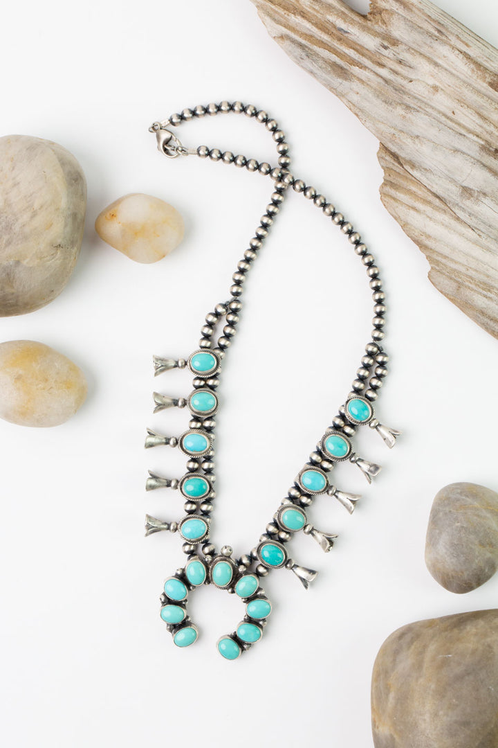 Native American 18" Chilean Turquoise Squash Blossom Statement Necklace