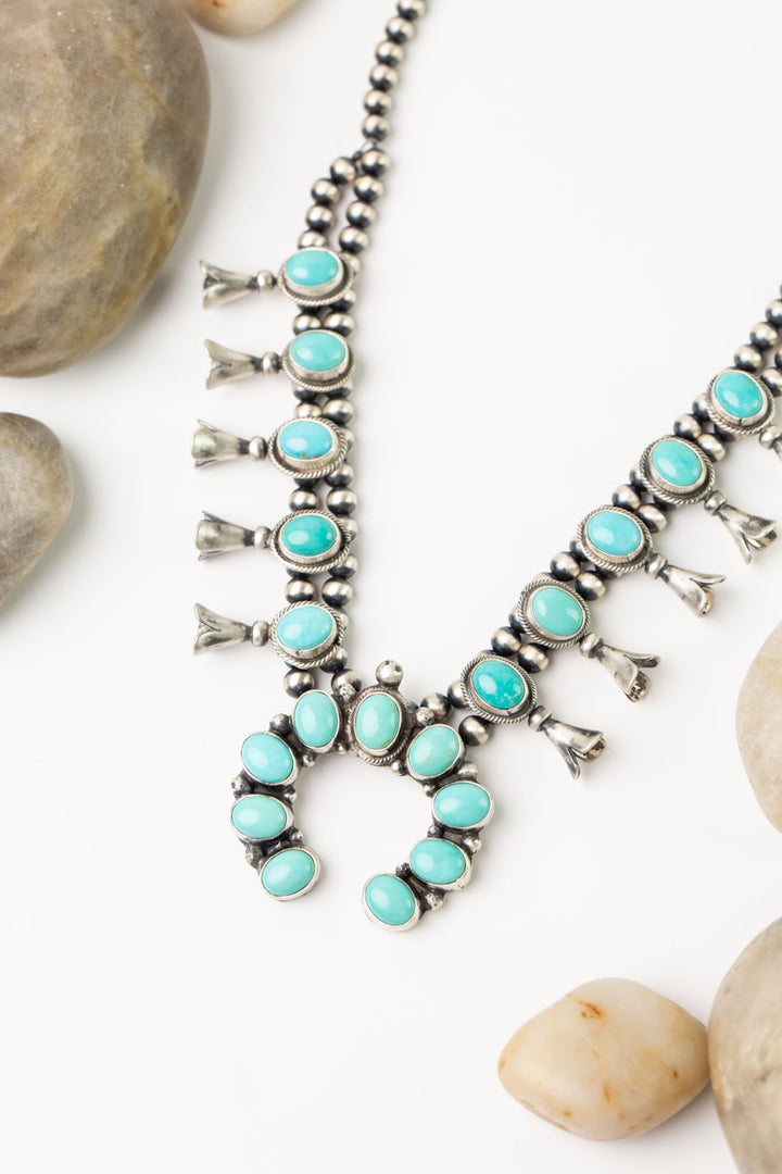 Native American 18" Chilean Turquoise Squash Blossom Statement Necklace
