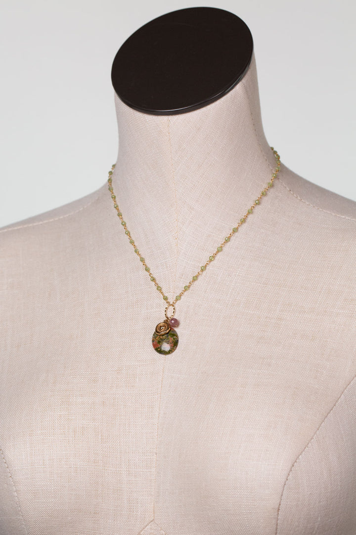 Dominion 16-18" Unikite, Peridot, Ruby, Bronze Heart Cluster Necklace
