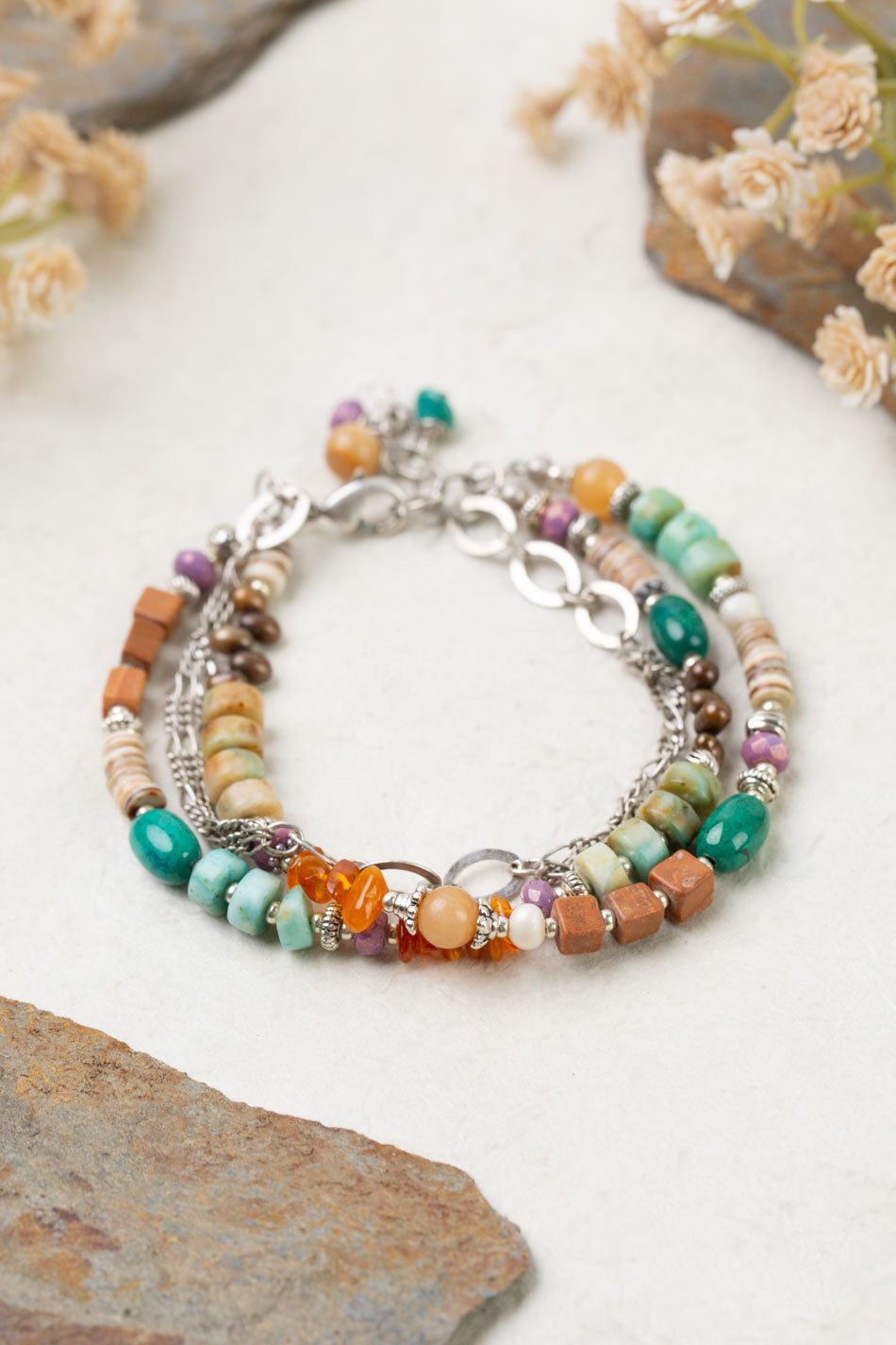 Earthen 7.5-8.5" Jasper, Czech Glass, Turquoise Multistrand Bracelet