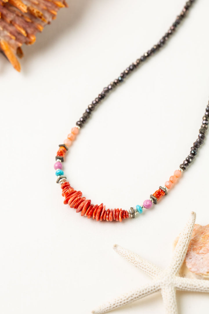 One Of A Kind 15-17" Spiny Oyster, Pyrite, Turquoise Collage Necklace