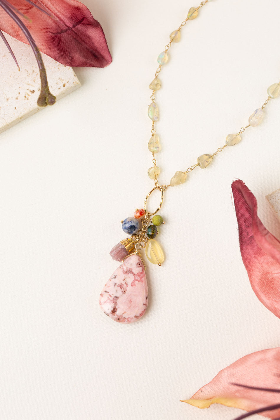 One Of A Kind 18.5-20.5" Spiny Oyster, Opal With Rhodochrosite Cluster Necklace