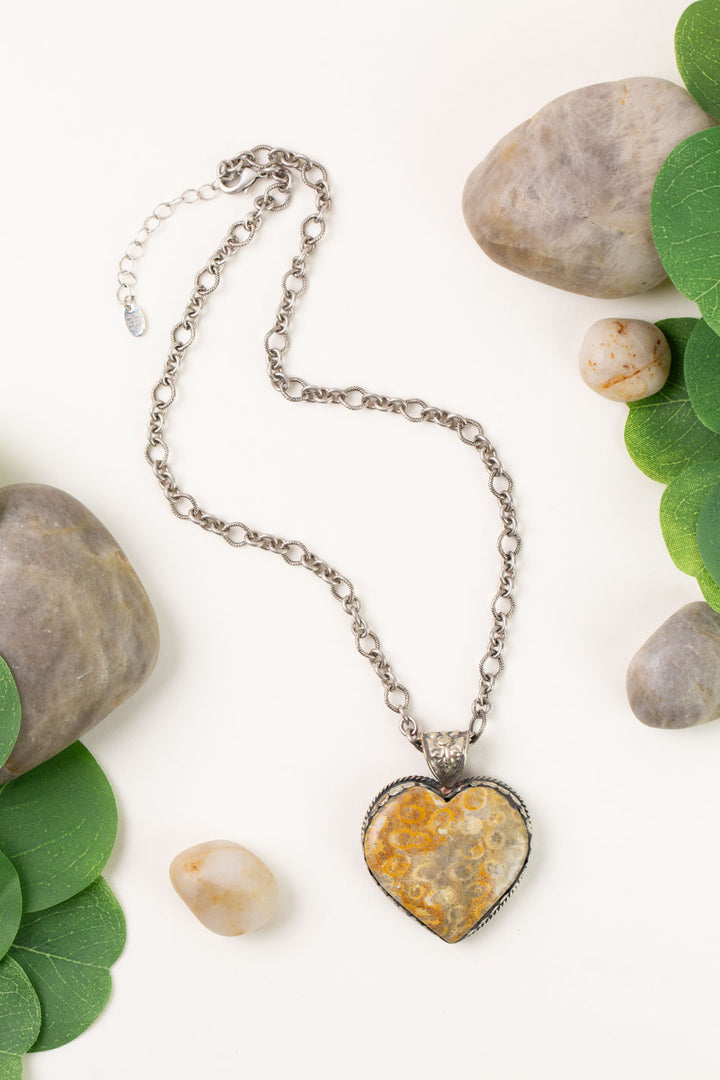 One Of A Kind 18-20" Fossilized Coral Heart Statement Necklace