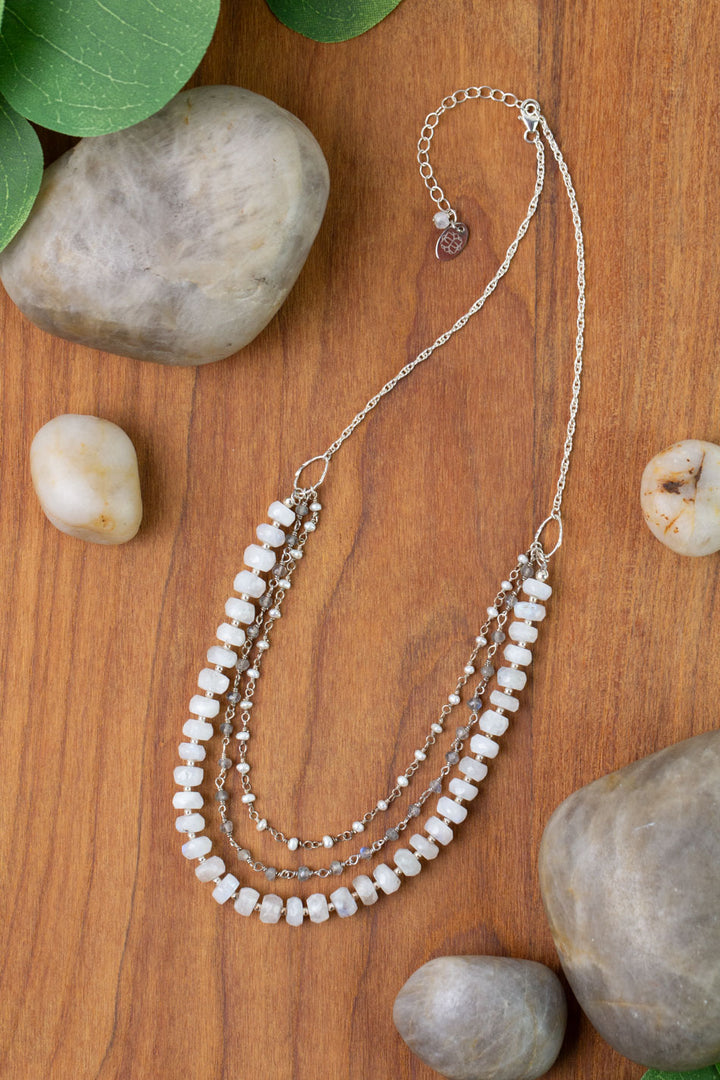 One Of A Kind 16.75-18.75" Labradorite, Rainbow Moonstone, Pearl Multistrand Necklace