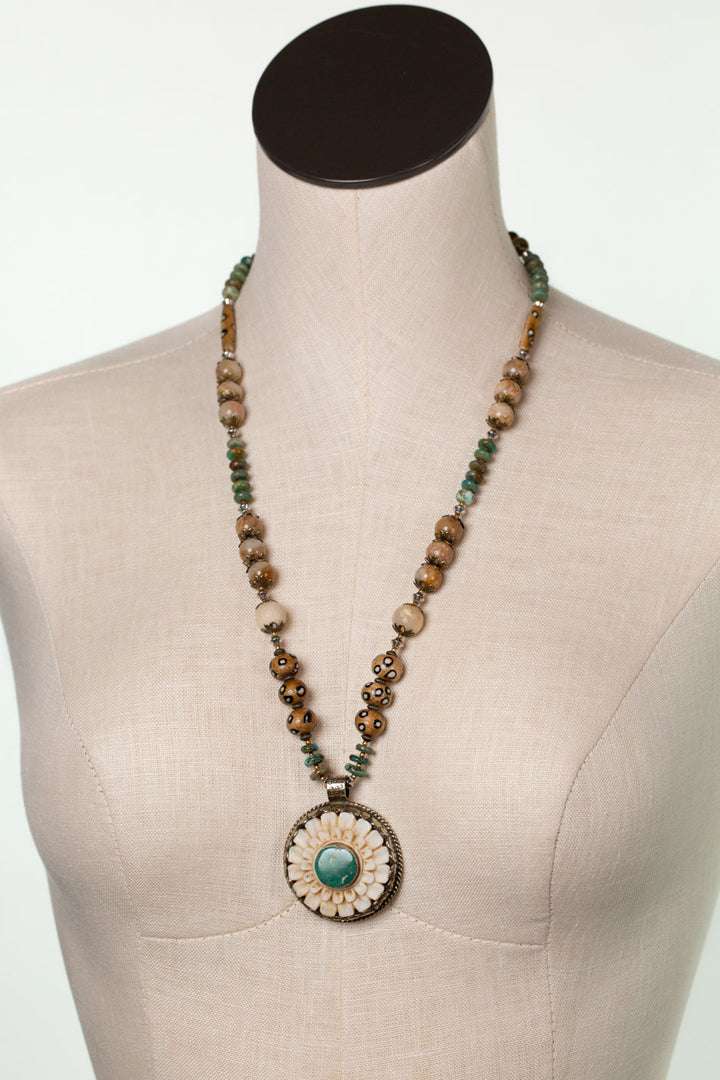 One Of A Kind 24.5-26.5" Jasper, African Opal With Tibetan Turquoise Pendant Statement Necklace
