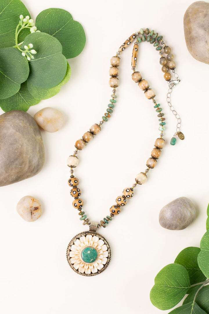 One Of A Kind 24.5-26.5" Jasper, African Opal With Tibetan Turquoise Pendant Statement Necklace