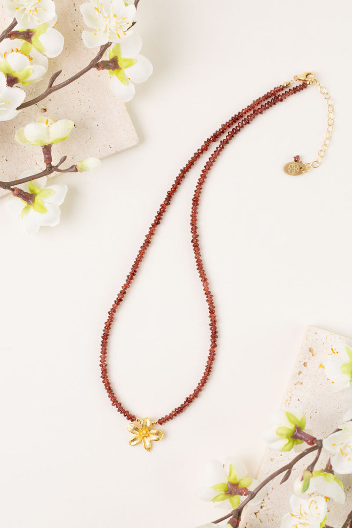 One Of A Kind 15.75-17.75" Garnet With Flower Pendant Simple Necklace