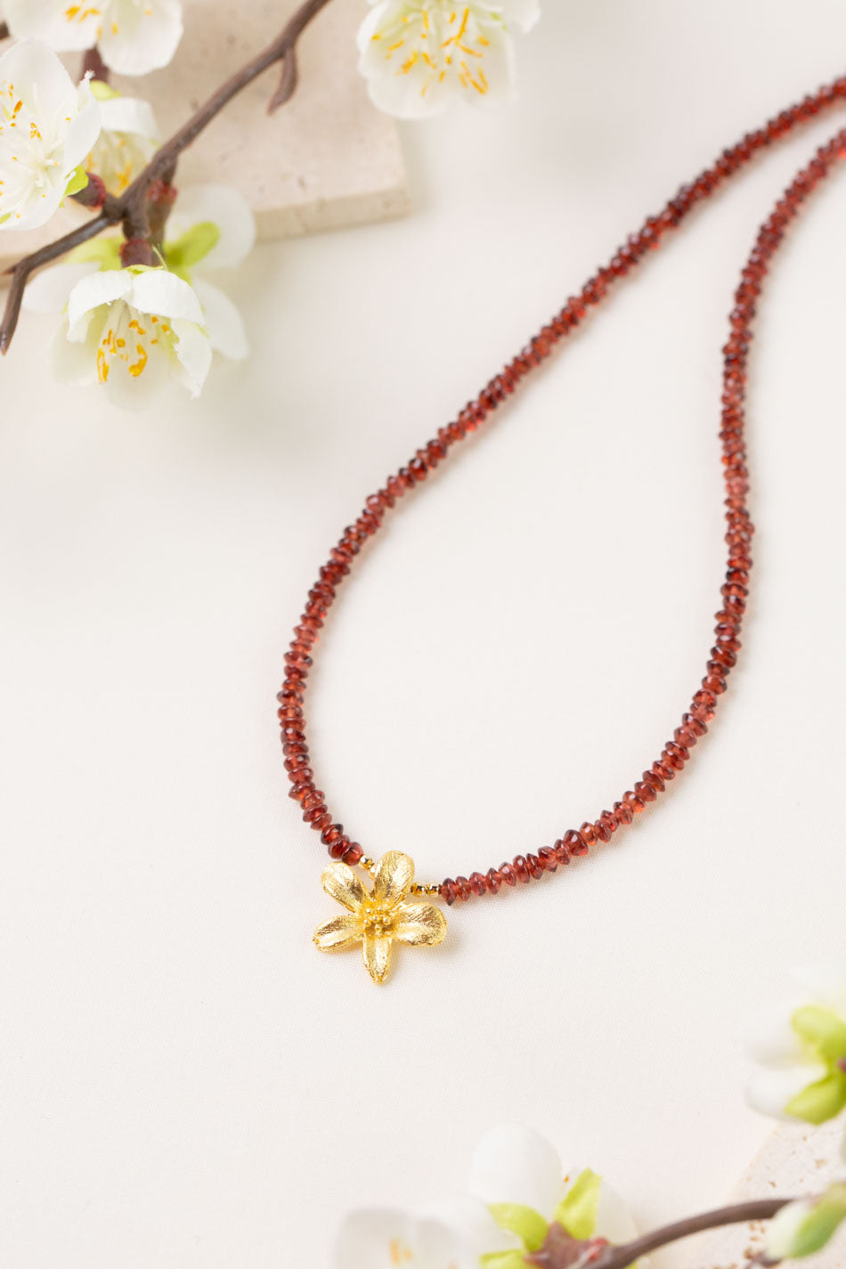 One Of A Kind 15.75-17.75" Garnet With Flower Pendant Simple Necklace