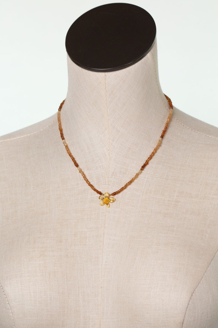 One Of A Kind 17.25-19.25" Hessonite Garnet With Flower Pendant Simple Necklace