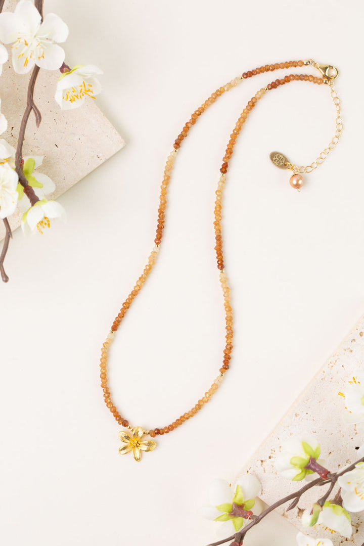 One Of A Kind 17.25-19.25" Hessonite Garnet With Flower Pendant Simple Necklace