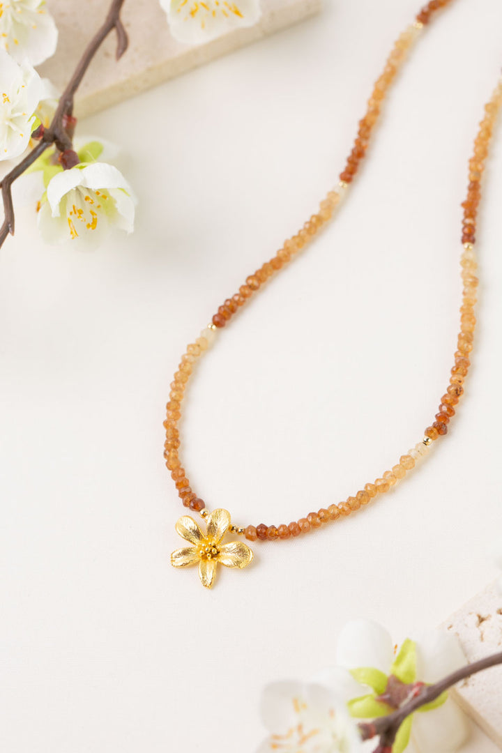 One Of A Kind 17.25-19.25" Hessonite Garnet With Flower Pendant Simple Necklace