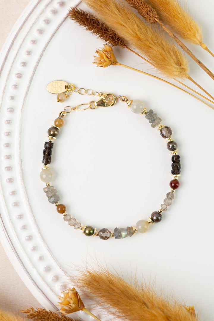 One Of A Kind 7-8" Pearl, Labradorite, Smokey Quartz Simple Bracelet