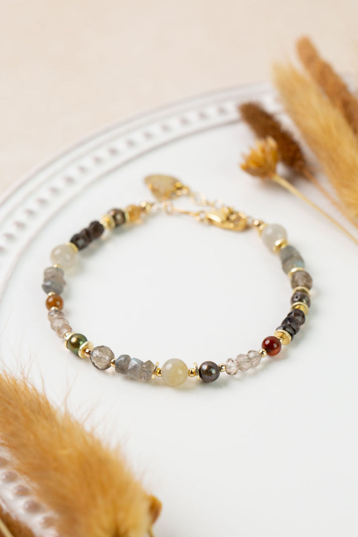 One Of A Kind 7-8" Pearl, Labradorite, Smokey Quartz Simple Bracelet