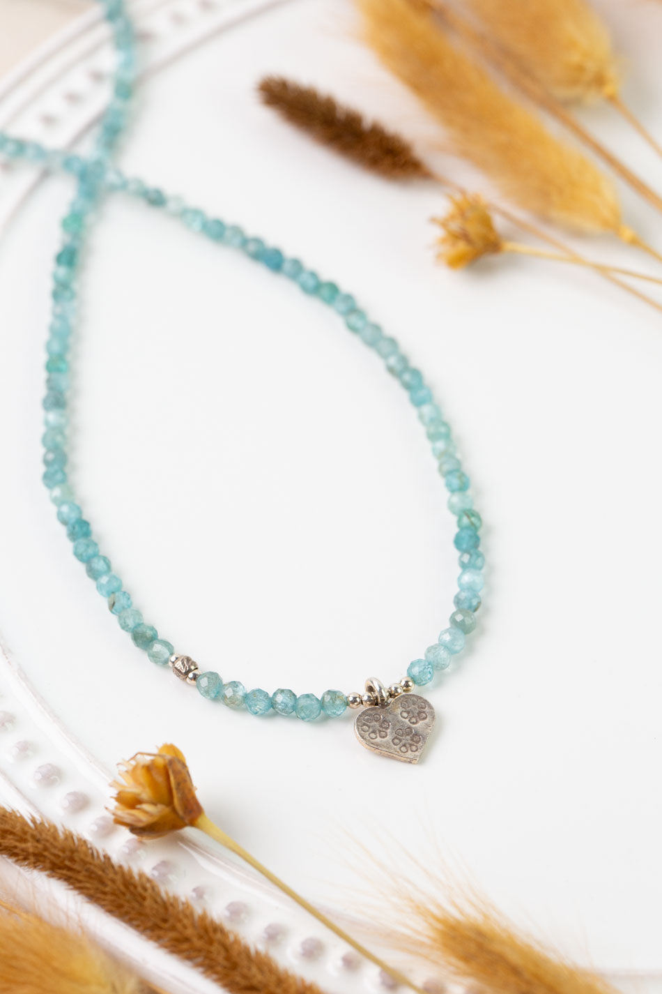 One Of A Kind 27-29" Apatite with Fine Silver Heart Simple Necklace