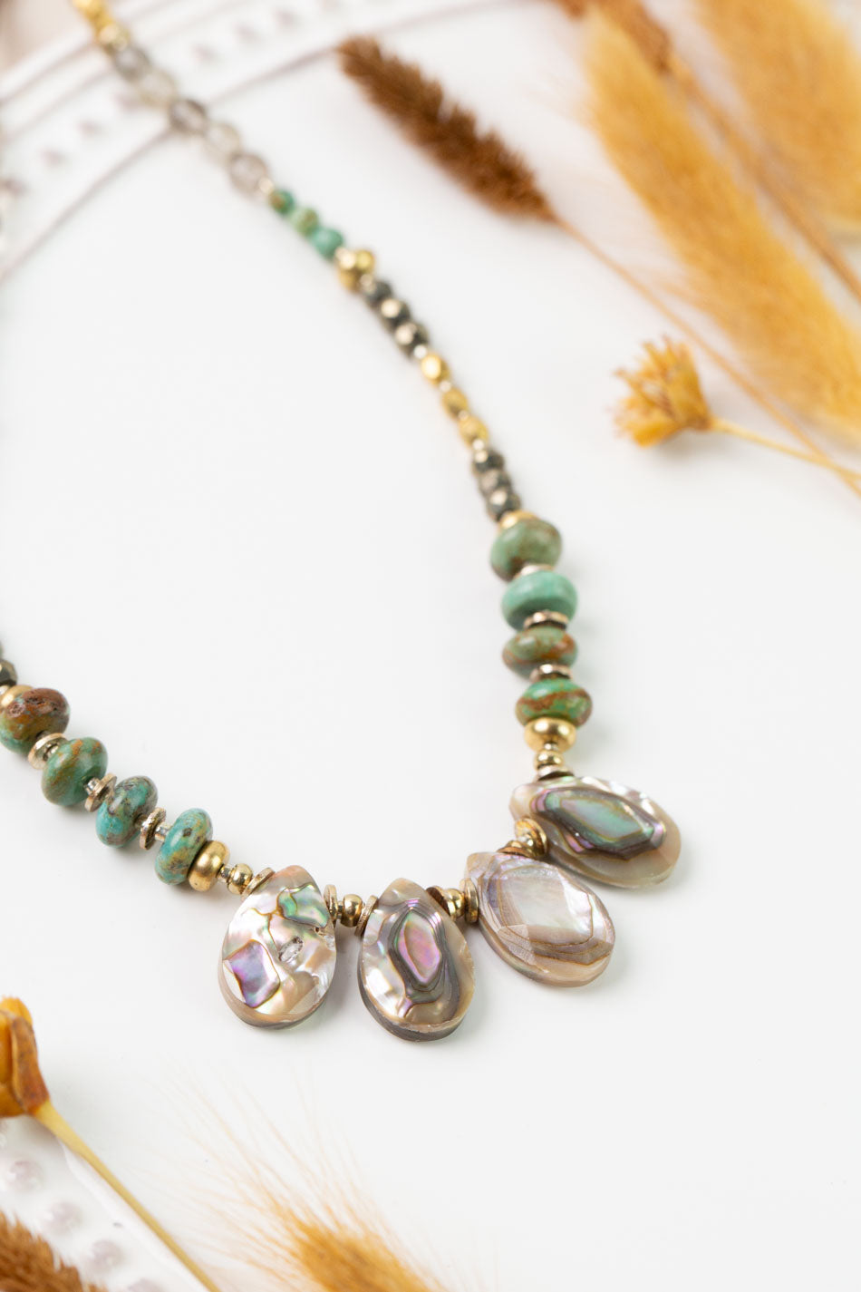 One Of A Kind 27-29" Abalone, Turquoise, Pyrite Collage Necklace