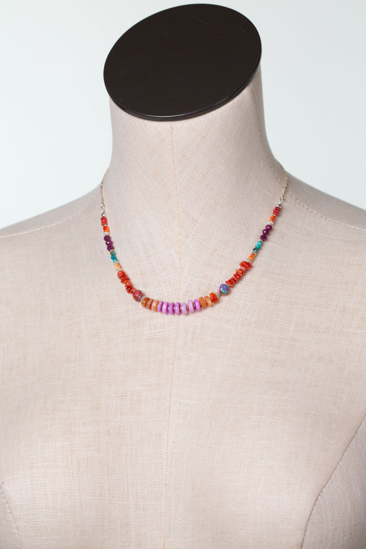 One Of A Kind 15.5-17.5" Moonstone, Fire Opal, Spiny Oyster and Pink Dahlia Simple Necklace
