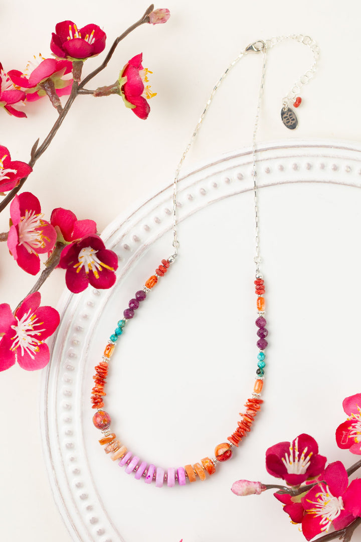 One Of A Kind 15.5-17.5" Moonstone, Fire Opal, Spiny Oyster and Pink Dahlia Simple Necklace