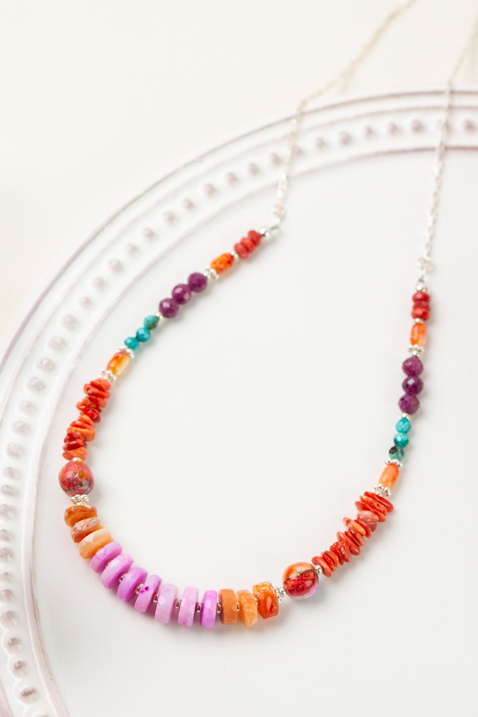 One Of A Kind 15.5-17.5" Moonstone, Fire Opal, Spiny Oyster and Pink Dahlia Simple Necklace