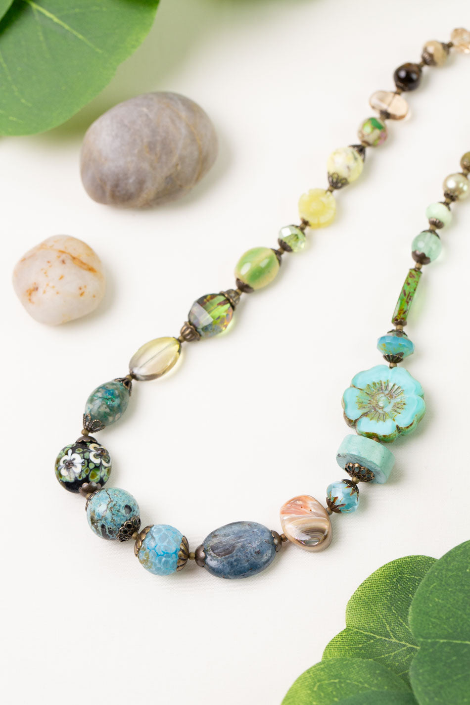 One Of A Kind 18-20" Assorted Gemstones, Czech Glass and Shell Statement Necklace