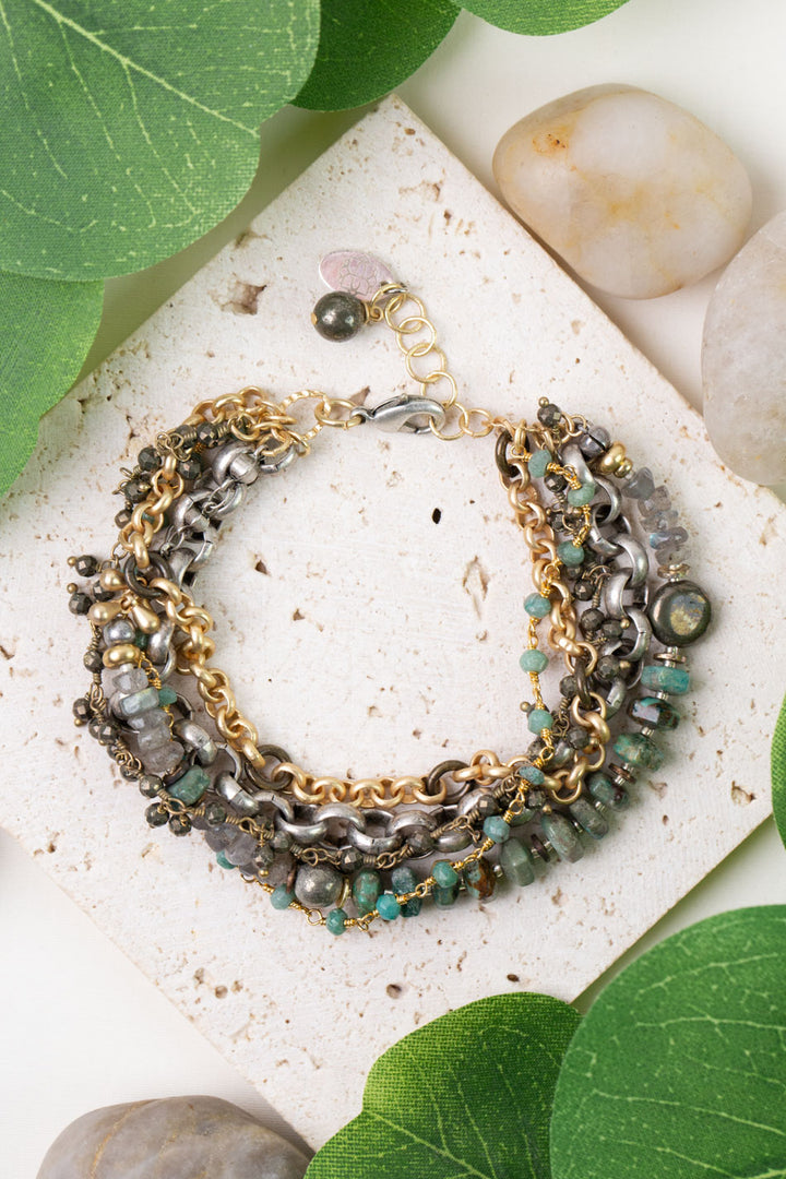 One Of A Kind 7.5-8.5" Turquoise, Labradorite, Pyrite Multistrand Bracelet