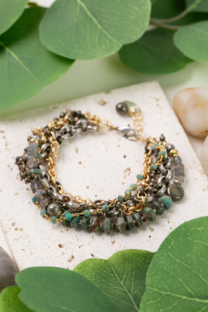 One Of A Kind 7.5-8.5" Turquoise, Labradorite, Pyrite Multistrand Bracelet