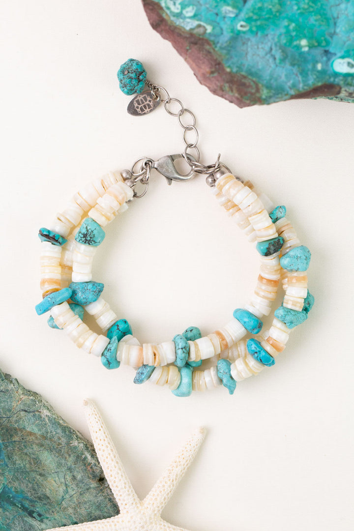 One Of A Kind 7.5-8.5" Turquoise, Shell Multistrand Bracelet